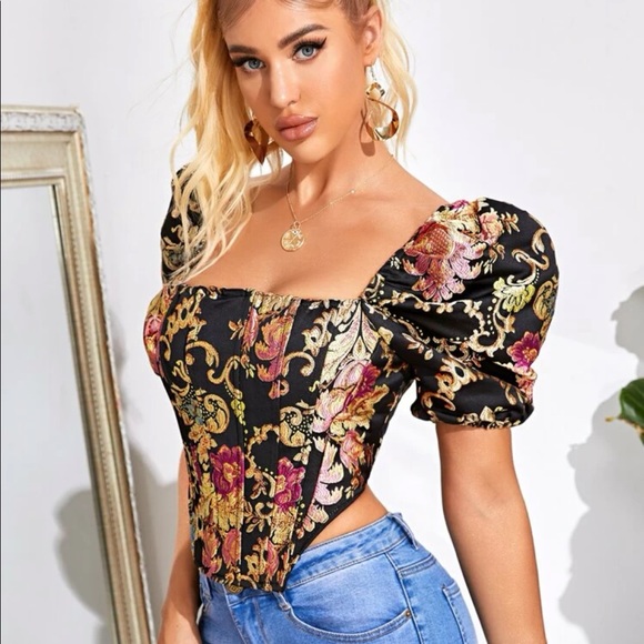 Puff sleeve top floral gold black jacquard runway fashion womens - Picture 3 of 5